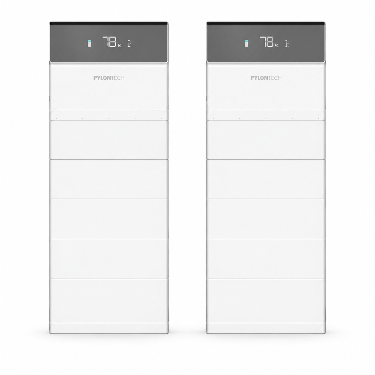 Voorbeeldillustratie: twee Pylontech Force H3X All-in-One-torens naast elkaar, elk met vijf batterijmodules en een omvormer met display