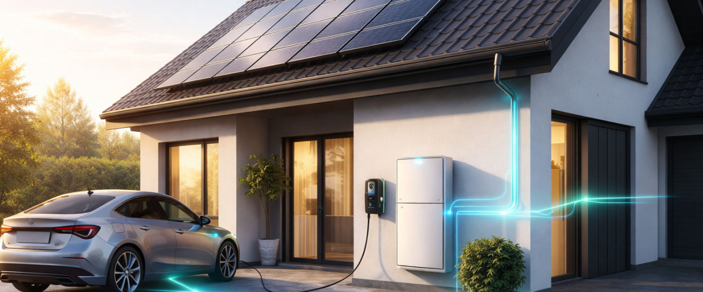 Moderne woning met zonnepanelen, elektrische auto en laadstation.